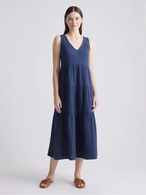 Quince 100% Organic Cotton Gauze Tiered Maxi Dress XS Indigo Blue NEW with Tags